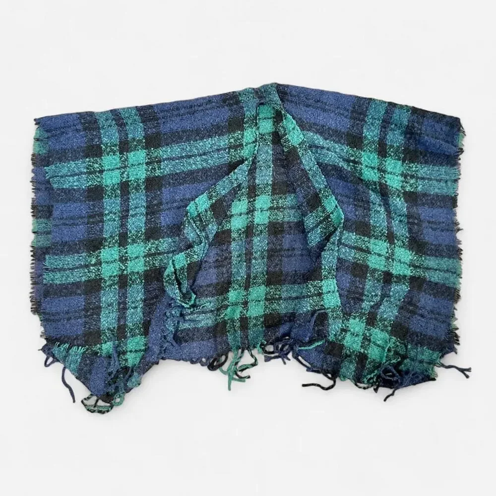 Handmade knit poncho shawl wrap fringe  green blue plaid boho indie cottagecore